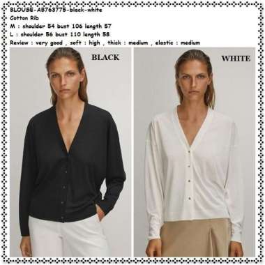 AB763775 Cardigan Kemeja Rajut Hitam Putih Lengan Panjang Wanita Korea