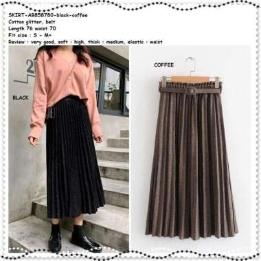 AB858780 Rok Panjang Midi Skirt Pesta Plisket Lipit Wanita Korea Hitam