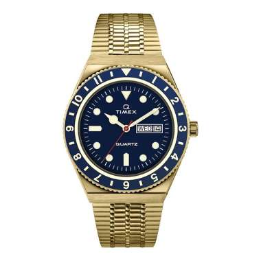 Jam Tangan Pria Timex Q TW2U62000 Reissue Blue Dial Gold Stainless Steel Strap Gold