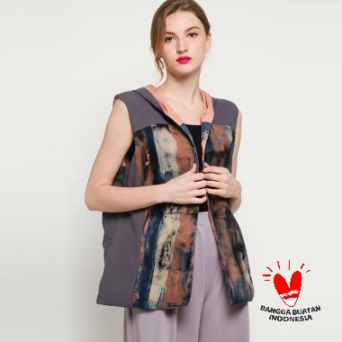 Jaket BAtik Hoodie Bolak Balik Kombinasi Linen Tanpa Lengan Wanita GESYAL - Abu M abu abu