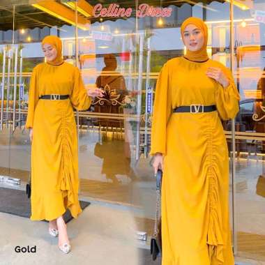 Celline Dress Gamis Serut Dress Muslim Wanita Gold Reguler