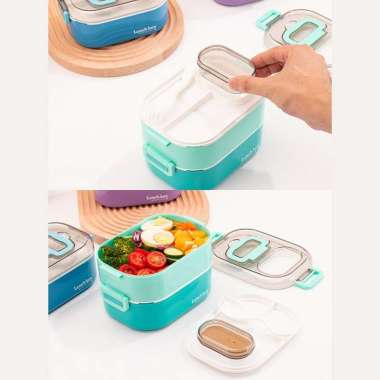 ONE-C696 Tempat Makan Set 2 Tingkat Anti Tumpah / Lunch Box Susun Free Sendok Portable / Kotak Bento