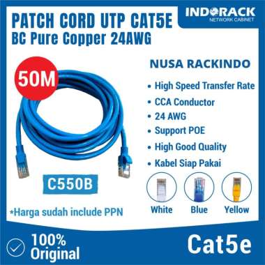 C550B - PATCH CORD 50 METER UTP CAT 5e 24AWG BC (Pure Copper) KABEL LAN BIRU INDORACK - SURABAYA