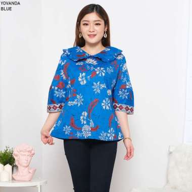 Evercloth Yovanda Blouse Wanita Atasan Wanita Blouse Batik Perempuan BLUE