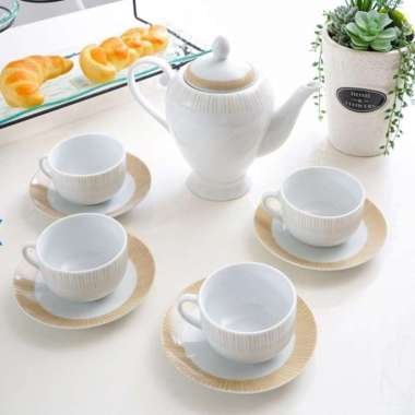 Delicia Set Teko & Cangkir Teh Premium Porcelain Motif Garis Cokelat