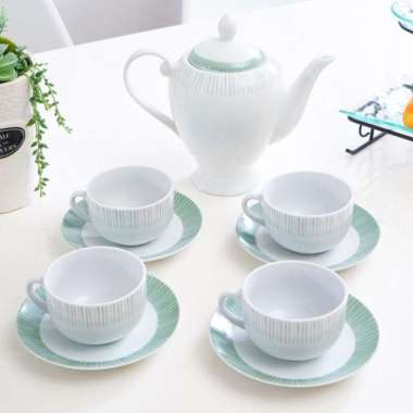 Delicia Set Teko & Cangkir Teh Premium Porcelain Motif Garis Hijau