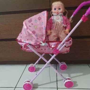 mainan stoller boneka - stoller bayi bahan besi dan boneka stroller & boneka