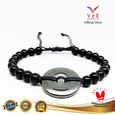 Vee Batu Giok China Asli Blustin Donat Gelang Tali Kesehatan Unisex Hitam