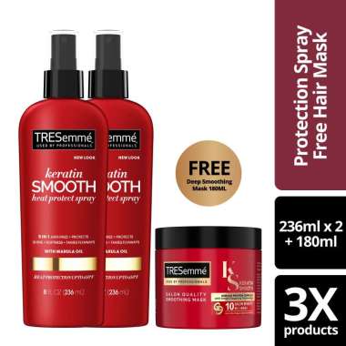 Tresemme Keratin Smooth with Marula Oil Heat Protection Spray for Dry Hair [236 mL/Twinpack] Free Tresemme Keratin Hair Mask [180 mL]