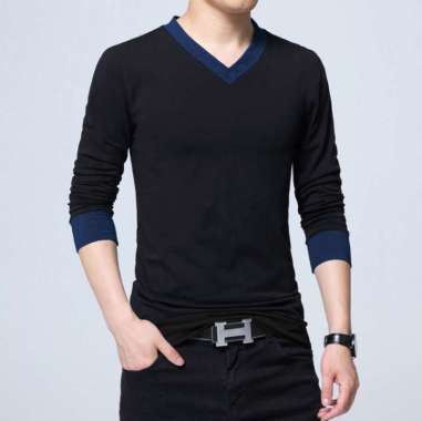 Kaos leher V Lengan Panjang Pria Gaya Korea - Jfashion Lionel Hitam XL-XXL