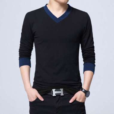 Kaos leher V Lengan Panjang Pria Gaya Korea - Jfashion Lionel Hitam M-L