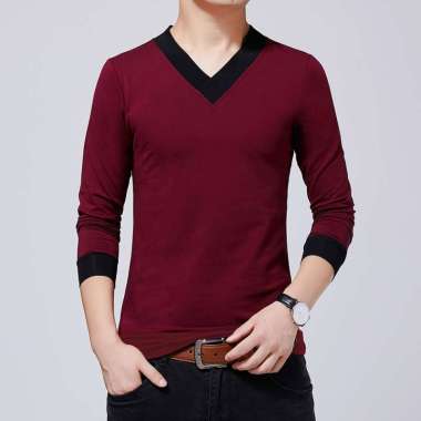 Kaos leher V Lengan Panjang Pria Gaya Korea - Jfashion Lionel Maroon XL-XXL