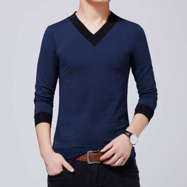 Kaos leher V Lengan Panjang Pria Gaya Korea - Jfashion Lionel Navy M-L