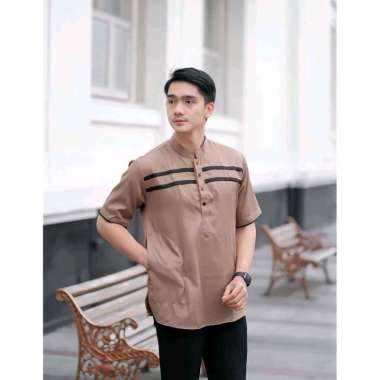 Baju Koko Kurta Lenga Pendek // Pakaian Muslim Pria Motif Garis Bahan Katun Cokelat XL
