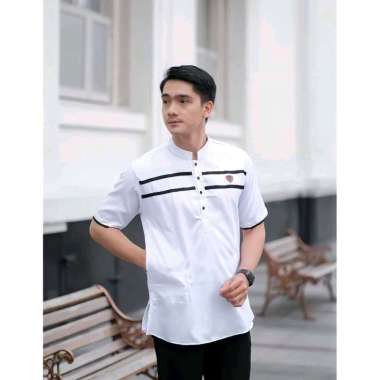 Baju Koko Kurta Lenga Pendek // Pakaian Muslim Pria Motif Garis Bahan Katun Putih L