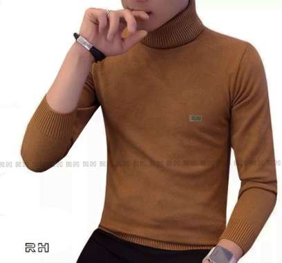 RHcollections - sweater baju rajut pria kerah tinggi turtleneck motif polos merah bata tangan panjan