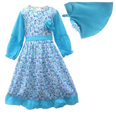 Two Mix Baju Anak Muslim Perempuan - Gamis Anak Bahan Katun motif Bunga Usia 1-12 Tahun 4148 2 Biru