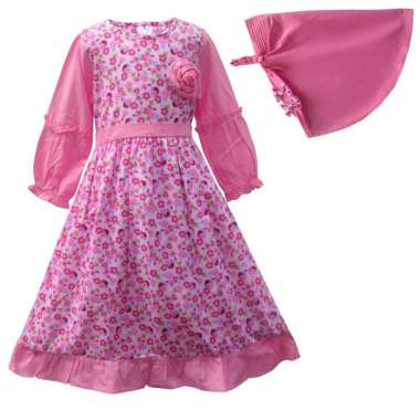 Two Mix Baju Anak Muslim Perempuan - Gamis Anak Bahan Katun motif Bunga Usia 1-12 Tahun 4148 2 Pink