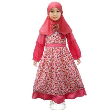 Two Mix Baju Anak Muslim Perempuan - Gamis Anak Bahan Katun motif Bunga Usia 1-12 Tahun 4148 2 Salem