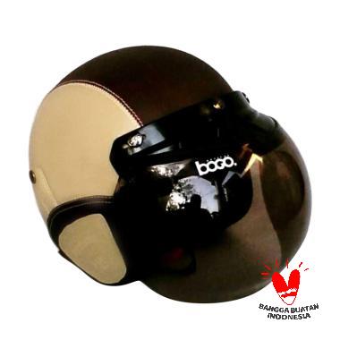 JBX Helmet Retro Klasik Kulit with Kaca Bogo - Krem Coklat