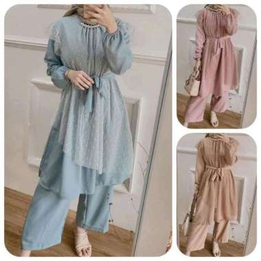 SET PEARLY DOT SETELAN TUNIK TILE DOT KOMBI MOSCREPE MUTIARA setelan baju wanita celana