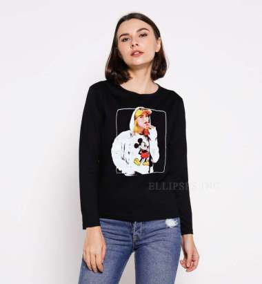 ELLIPSESINC Kaos Oversize Wanita Lengan Panjang Mickey Donut Hitam
