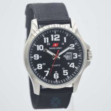 Swiss Army Jam Tangan Pria Kanvas / Nylon 954 Tanggal Cyclop Silver Hitam