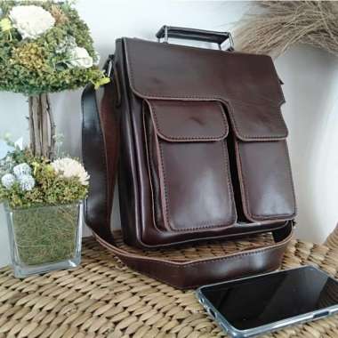 Tas Selempang Pria Besar Bahan Kulit Sapi Premium Tiga Warna Khas Kota Garut Coklat