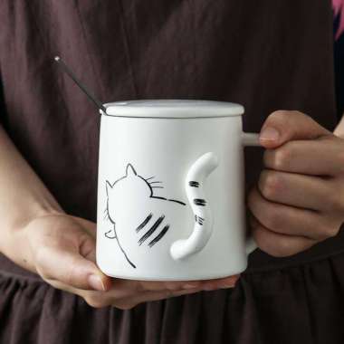 Mug Set Cangkir Kopi Kucing Cangkir dengan Tutup Sendok Gelas Kopi Cup