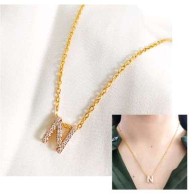set kalung dan liontin wanita huruf N korean style emas asli