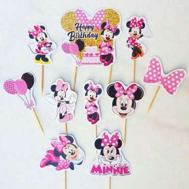 satu set cake topper toper hiasan kue ulang tahun karakter minnie mouse pink
