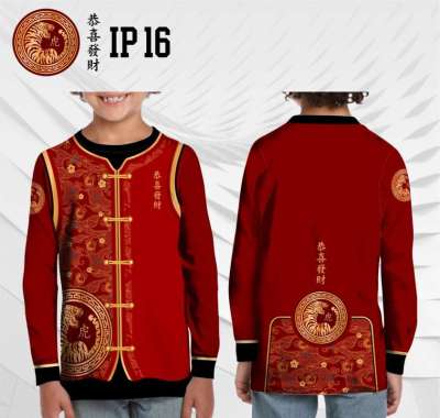 Kaos cheongsam anak baju imlek 2022 jersey shio macan lengan panjang 3 Merah
