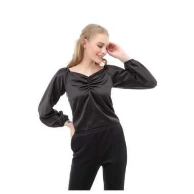 Hamlin Cheva Blouse Casual Wanita Sabrina Kerut Dada Lengan Panjang Material Satin ORIGINAL - Black 