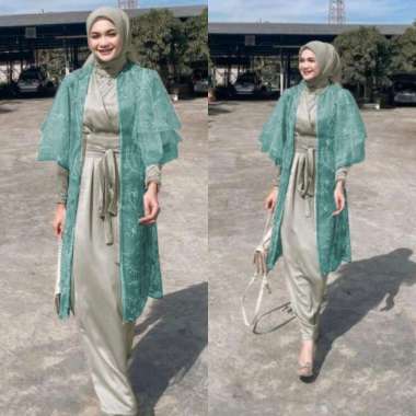 Setelan dress Lucia brukat tile Velvet kimono dress + outer tile Gaun pesta wanita muslim gamis pest