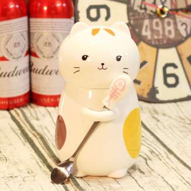 GELAS KERAMIK MOTIF KUCING | GELAS TUTUP + SENDOK IKAN | GELAS TUTUP