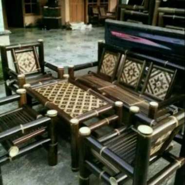 meja kursi tamu santai bambu hitam motif batik