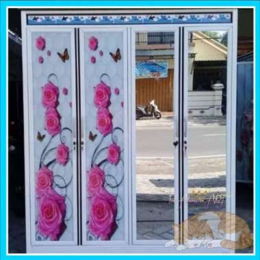 Almari / Lemari Pakaian Baju Pintu 4 Kaca Motif Bunga Bahan Alumunium