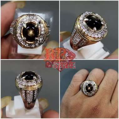 Cincin Batu Akik Hitam Bangsing Black Safir Golden Star Asli