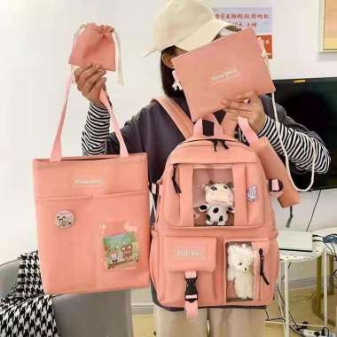 Tas Sekolah Anak Wanita Perempuan SD SMP SMA Tas Ransel Sekolah Wanita Import Tas Set 5 in 1 PINK