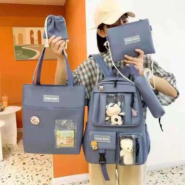 Tas Sekolah Anak Wanita Perempuan SD SMP SMA Tas Ransel Sekolah Wanita Import Tas Set 5 in 1 ABU-ABU