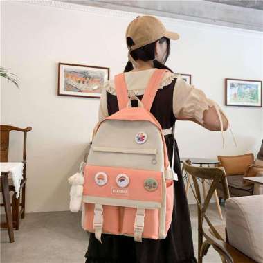 Tas Sekolah Anak Wanita Perempuan SD SMP SMA Tas Ransel Sekolah Wanita Import Tas Set 5 in 1 Pink-A