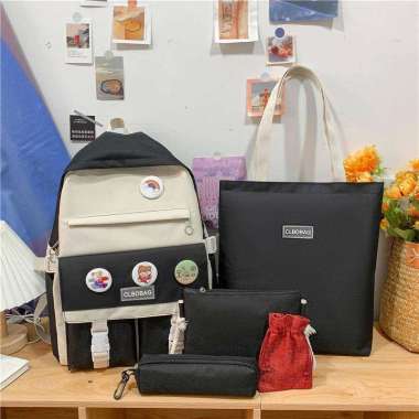 Tas Sekolah Anak Wanita Perempuan SD SMP SMA Tas Ransel Sekolah Wanita Import Tas Set 5 in 1 Hitam-A