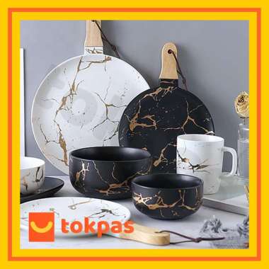 Peralatan Makan Keramik Marble / Piring Gelas Mangkok Keramik Motif Marble Cantik Kaori Piring Hitam