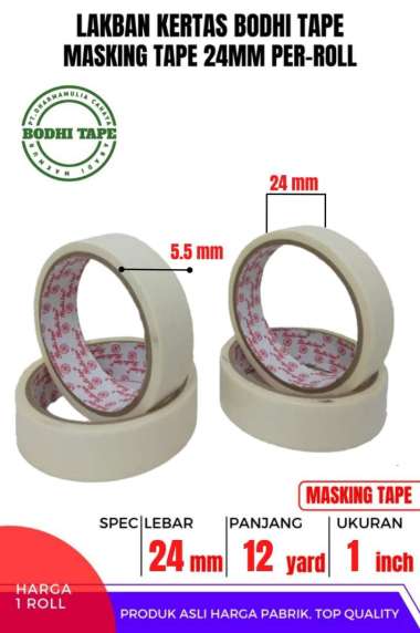 MASKING TAPE/LAKBAN KERTAS 24MM X 12YARD BODHI TAPE ROLL Termurah Berkualitas PUTIH