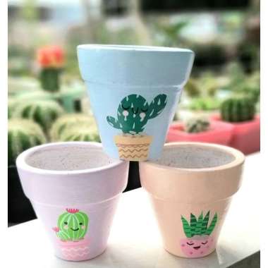 POT TANAMAN HIAS LUKIS GERABAH TANAH LIAT MINI CLAY POT MOTIF KARAKTER LUCU WARNA PASTEL UKURAN 6 CM