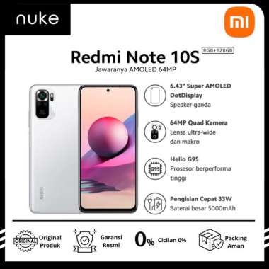XIAOMI Redmi Note 10S 8+128G NFC Layar 6.43” Super AMOLED Smart HP Pebble White