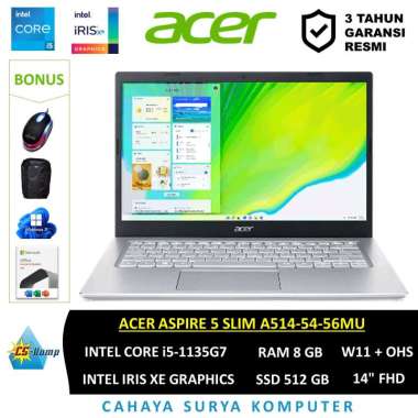Laptop Acer Aspire 5 Slim A514-54-56MU Intel Core i5-1135G7 RAM 8GB SSD 512GB Intel Iris Xe Graphics 14" FHD W11 OHS