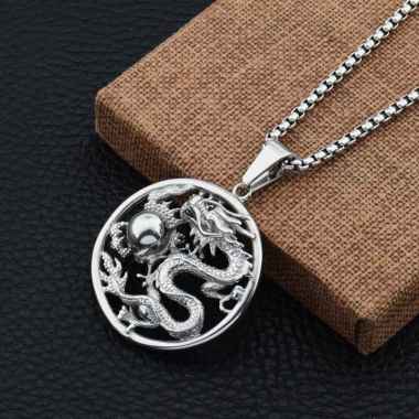 Kalung Titanium Liontin Naga Silver emas Pria Anti Karat Kalung Pria Liontin Jimat Keberuntungan Per