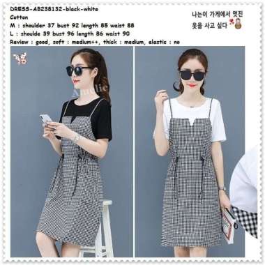 AB238132 Casual Mini Dress Katun Kotak HItam Putih Wanita Korea Import