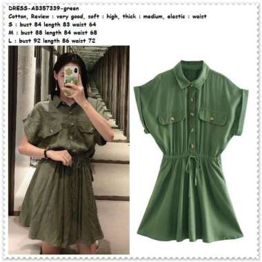 AB357339 Casual Mini Dress Serut Wanita Korea Import Army Green Hijau